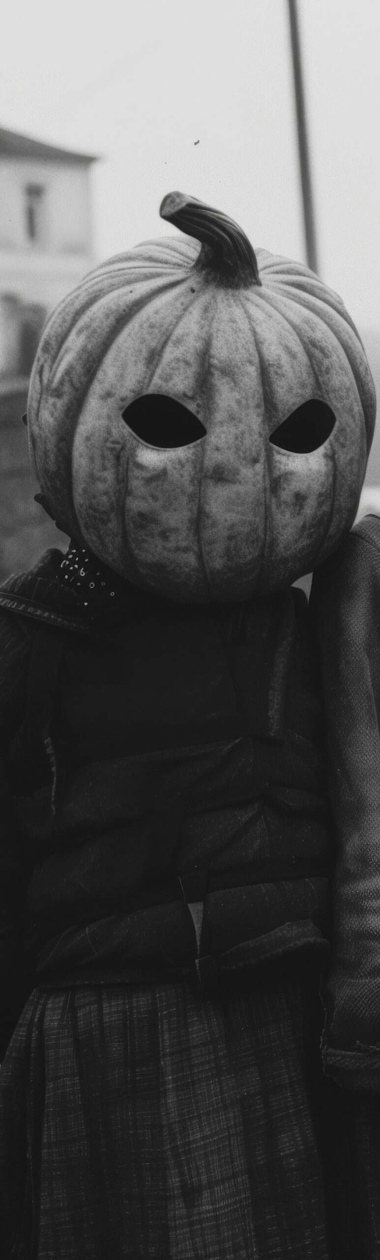 Black and white vintage photo of horror, four kids wearing hallo
