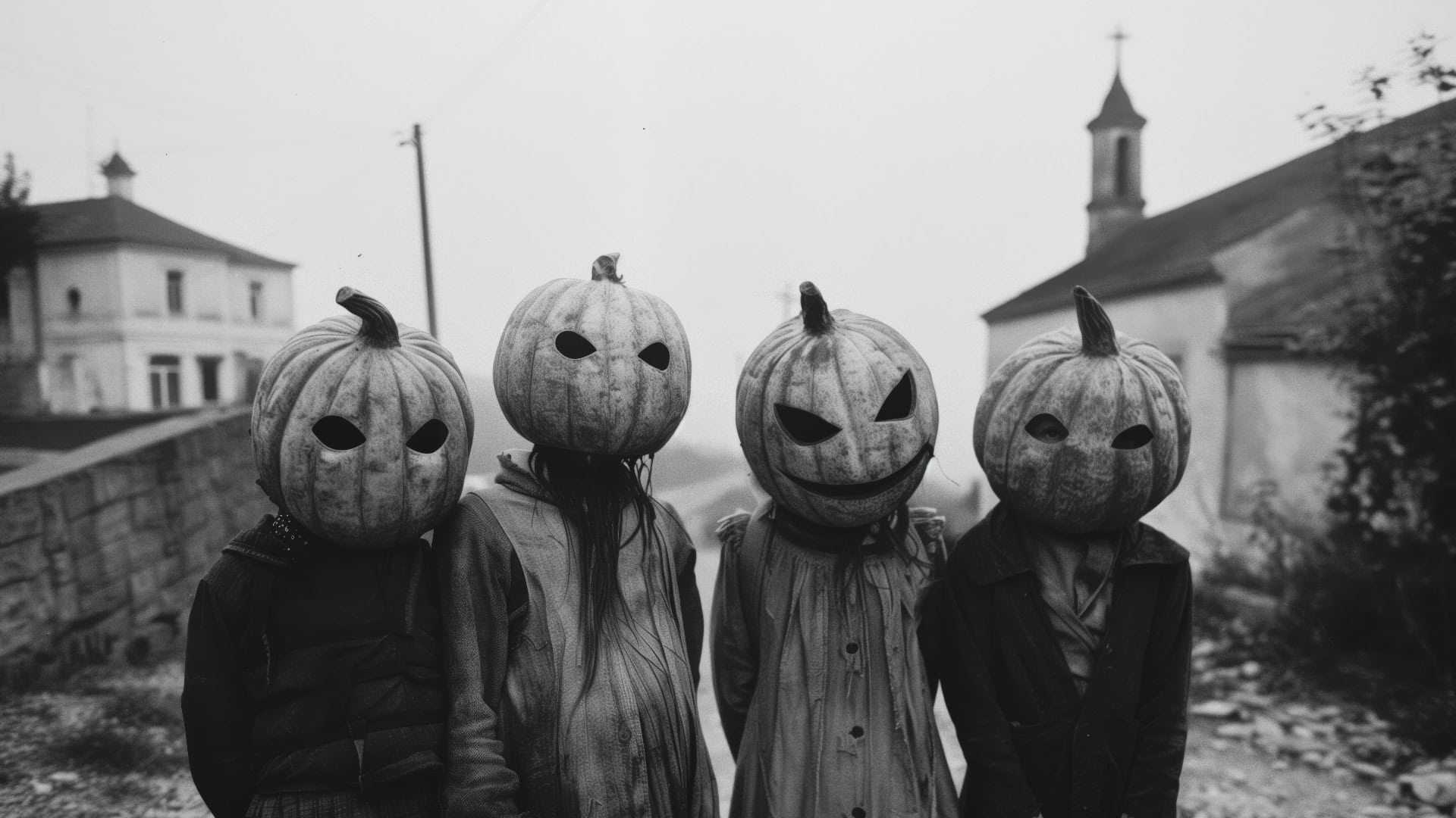 Schwarz-Weiß-Foto des Grauens, vier Kinder mit Halloween-Kürbismasken in einer Straße, kleine Kirche im Hintergrund.
